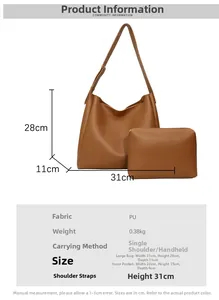Detailed size chart for retro PU leather tote bag and inner pouch with dimensions