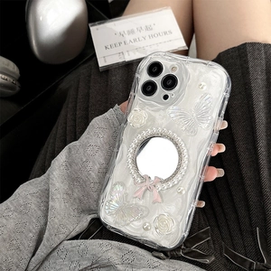 Coque iPhone élégante avec perles, roses blanches et nœuds papillon avec miroir intégré