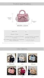 Detailed size chart and multi-color display of bow knot tote bag showing dimensions