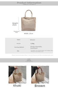 Detail view of woven straw bucket bag showing dimensions and khaki and brown color options