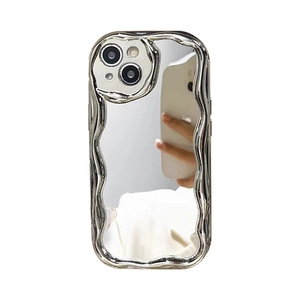 Silver mirror phone case for iPhone with wavy liquid metal design and full camera protection