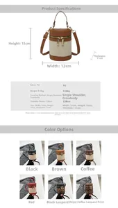 Detailed size guide and multi-color view of canvas and PU leather bucket bag