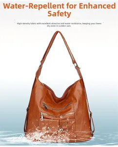 Close-up of brown textured leather bag showing waterproof fabric and multiple zipper pockets