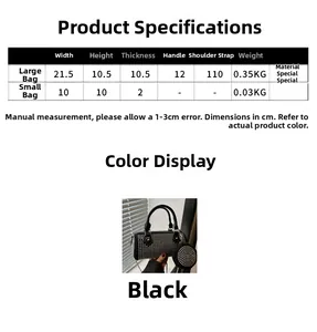 Size chart detail for rhinestone boston bag and mini round pouch set with dimensions