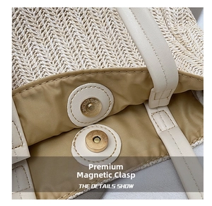 Macro shot of gold magnetic clasp and woven texture on a beige handmade tote bag