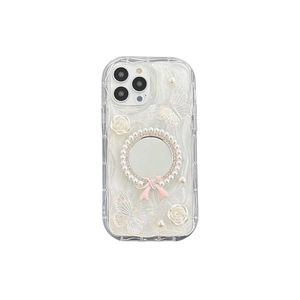 Coque iPhone perlée avec fleurs 3D, papillons et un miroir de maquillage à noeud rose