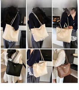 Vues détaillées de cabas en cuir dans les couleurs blanc cassé, noir et mocha