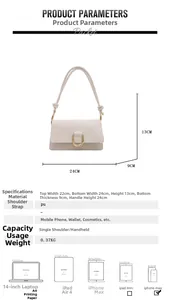 Size details of white PU shoulder bag featuring dimensions and horseshoe hardware specs