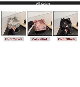 Detailed comparison of sparkling sequin bucket bags in silver, pink, and black colors