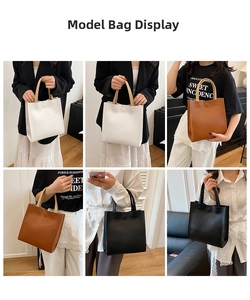 Vertical tote bag details showing large capacity in white, brown, and black leather options