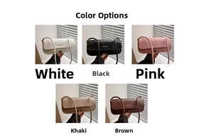 Detailed view of fashionable leather baguette bags in five colors with gold text