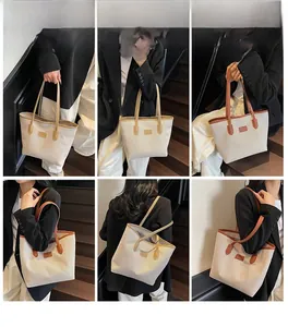 Collage of model wearing a beige canvas tote with brown leather trim in various styles
