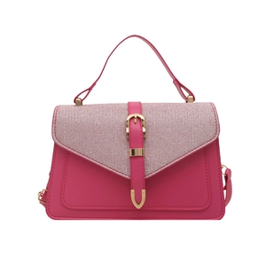 Chic magenta handbag with sparkly light pink woven texture flap and gold buckle detail