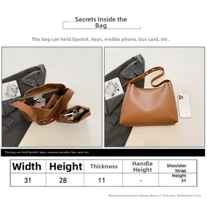 Detailed size specifications for large capacity brown PU leather tote bag shown in layout