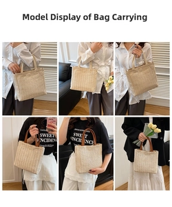 Detail showing various model styling options for the woven straw tote bag in a room
