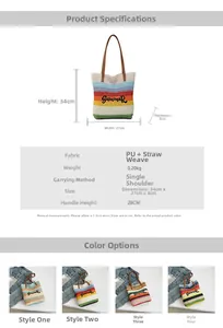 Detailed parameter chart of woven straw tote bags with Summer text and PU trim