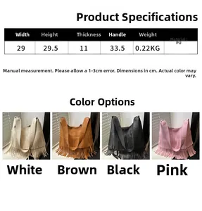 Detailed size chart and four-color product display for large fringe Hobo bag