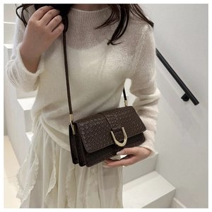 Détail du sac tressé marron foncé avec boucle fer à cheval dorée et côtés en accordéon