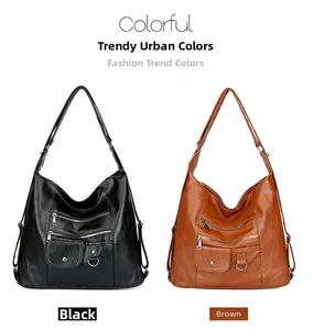Detailed view of multi-pocket crossbody bags in brown and black textured soft leather