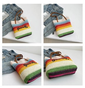 Detail of rainbow crochet tote bag featuring Summer embroidery and leather handles