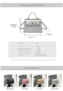 Detailed size chart and multi-color options for chic PU leather crossbody Kelly bag