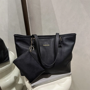 Grand sac cabas noir avec pochette assortie et logo Fashion en lettres dorées