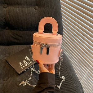Pink PU leather bucket bag with double zippers and detachable metal chain strap