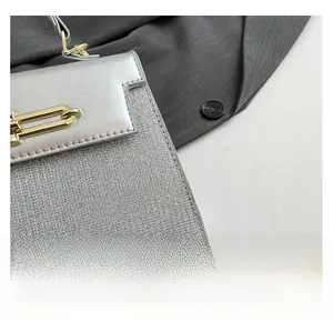 Macro shot of silver glitter texture and golden metal buckle on a small square bag