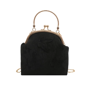 Elegant black evening bag with 3D butterfly embroidery and gold metal chain strap