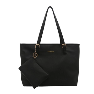 Grand sac cabas noir en similicuir avec lettrage doré et petite pochette zippée assortie