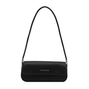 Sleek black patent leather underarm bag with gold lettering and minimalist design