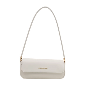 Minimalistische cremeweiße Baguette-Tasche aus Leder mit langem Riemen und Goldaufdruck