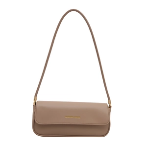 Minimalist coffee brown PU leather baguette bag with gold lettering on white background