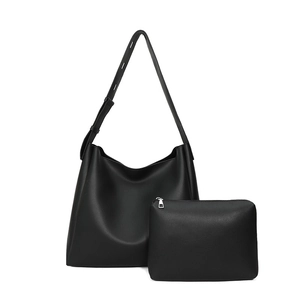 Minimalist black tote bag set with a large hobo shoulder bag and matching inner pouch