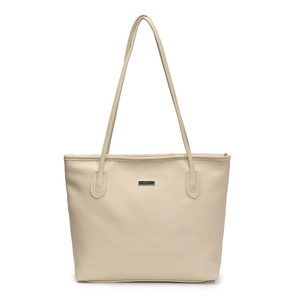 Minimalist beige tote bag with pebbled leather texture and silver logo for work