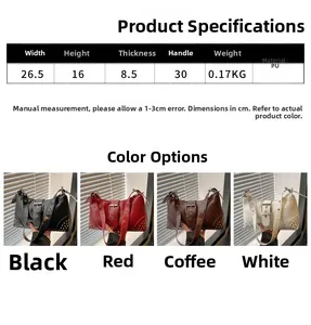 Size chart showing PU leather tote dimensions and colors: black, red, brown, and white