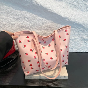 Pink large-capacity tote bag with strawberry prints for college and commute