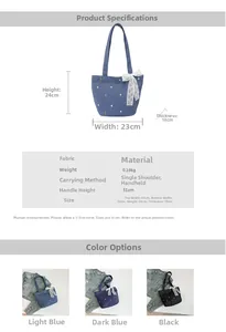 Detailed size chart for denim tote bag showing 24x23x18cm dimensions and tulip embroidery