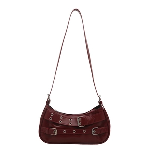 Vintage burgundy faux leather shoulder bag with punk buckles and silver hardware