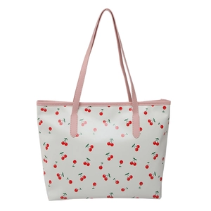 White floral tote bag with cherry print and pink handles for women fashion commute