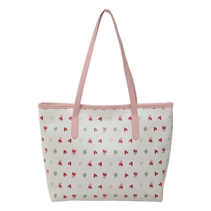 Large white tote bag with cute pink bear print and matching leather shoulder straps