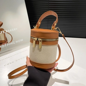 Vintage Leopard Print Cylinder Shoulder Bag Women PU Leather Canvas Splicing Crossbody Handbag Mini Bucket Bag With Dual Zipper