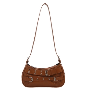 Sac baguette chic en cuir PU marron foncé avec boucles métalliques de style Y2K