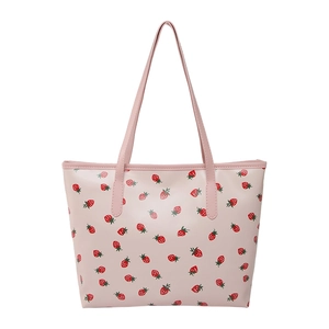 Pink tote bag with red strawberry print and large capacity for women's daily use