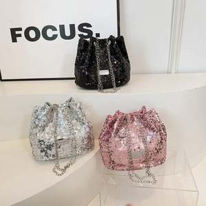 Sparkly sequin bucket bags in black, silver and pink with silver chain shoulder straps