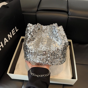 Sparkly silver sequin bucket bag with chain drawstring and shoulder strap for women