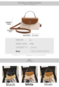 Size chart for straw and PU patchwork handbag with dimensions and color variations