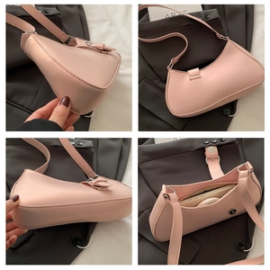 Detailansichten einer rosa Tasche mit Nähten, Seitenprofil und Stauraum für das Smartphone