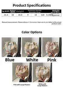Size chart showing bucket bag dimensions and pearl chain strap with embroidery details