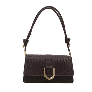 Dark brown faux crocodile pattern shoulder bag with golden horseshoe buckle and knotted strap